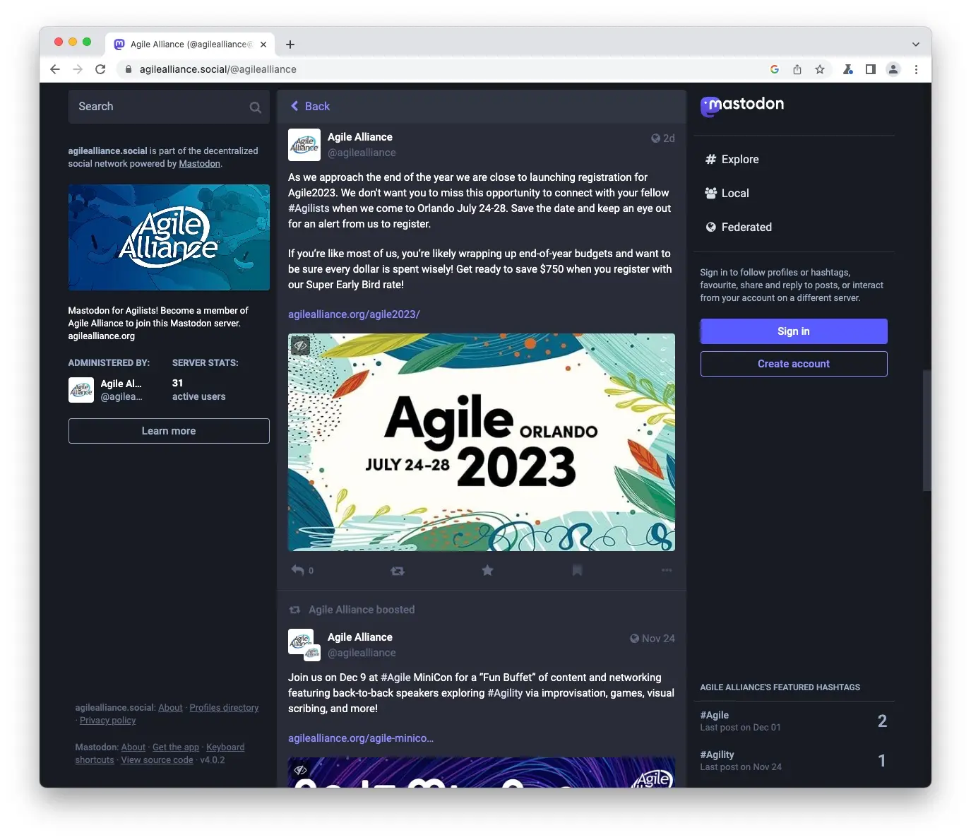 agilealliance.social, the Agile Alliance's Mastodon instance, hosted by toot.io