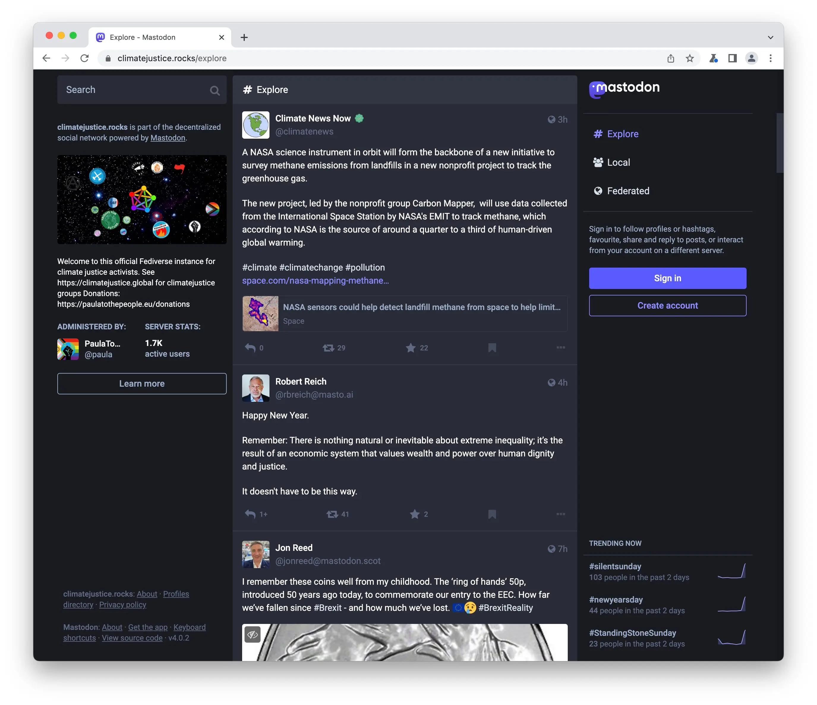 climatejustice.rocks, a Mastodon instance for climate justice activists, hosted by toot.io