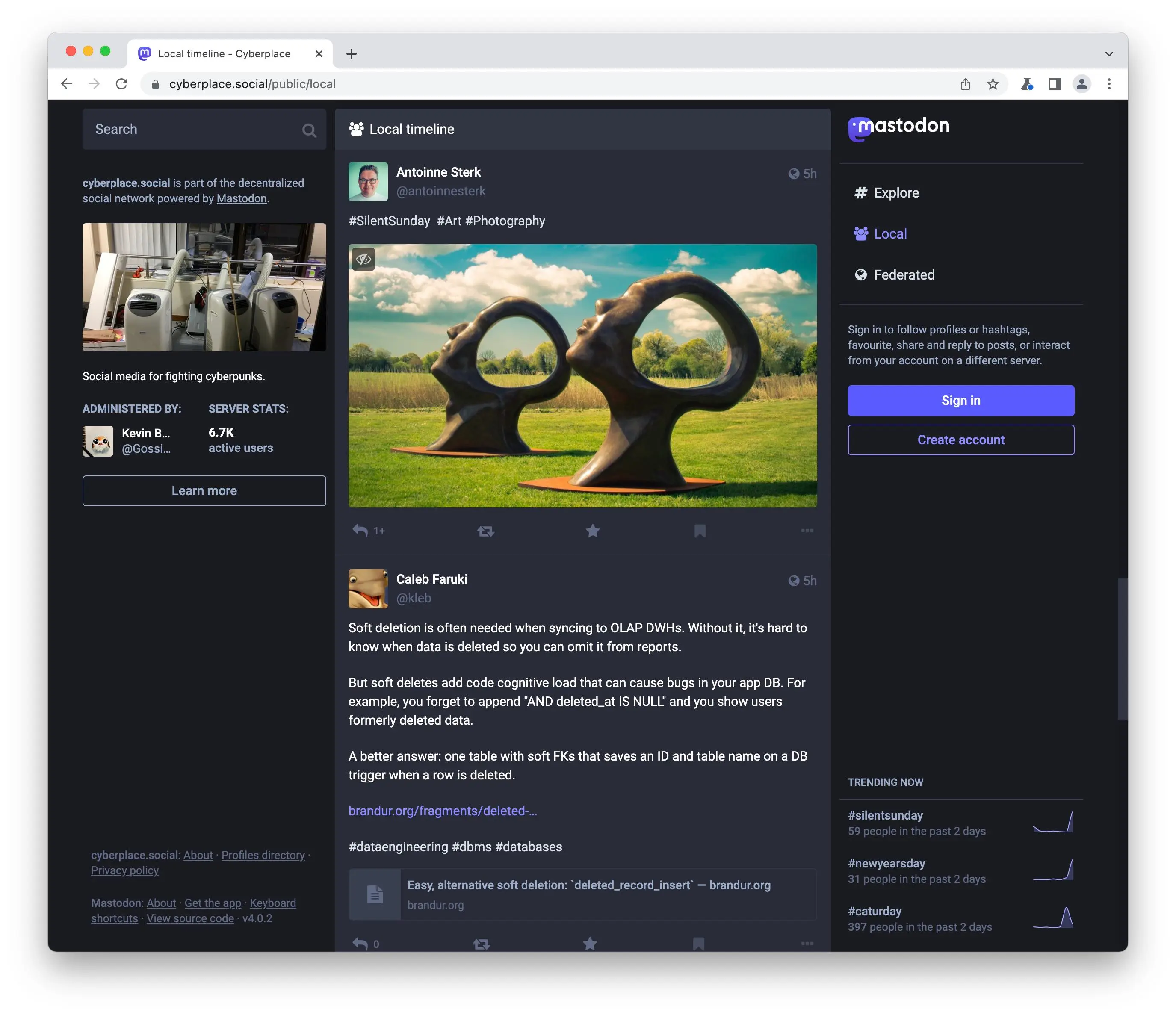 cyberplace.social, Kevin Beaumont's security community Mastodon instance, hosted by toot.io