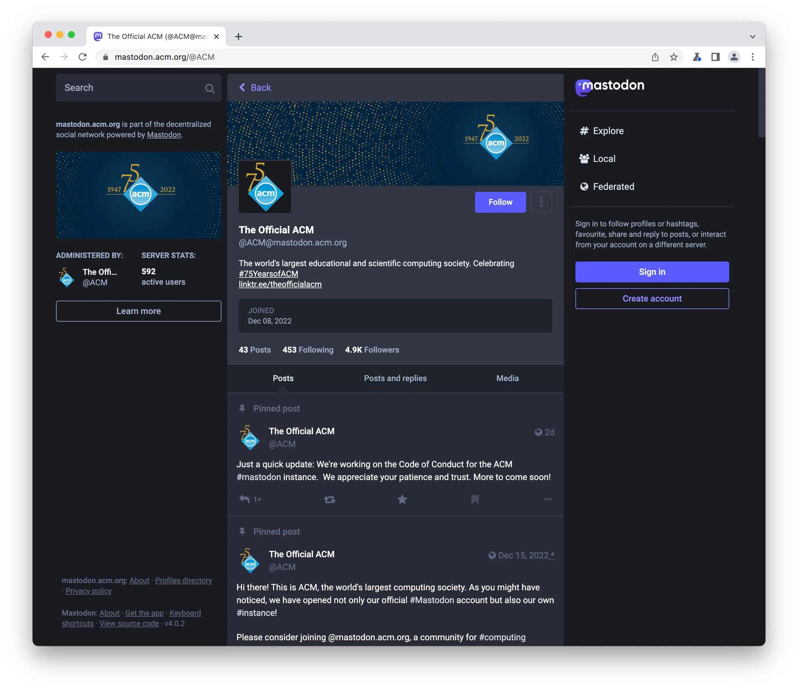 mastodon.acm.org, the official Mastodon instance of the ACM, hosted by toot.io