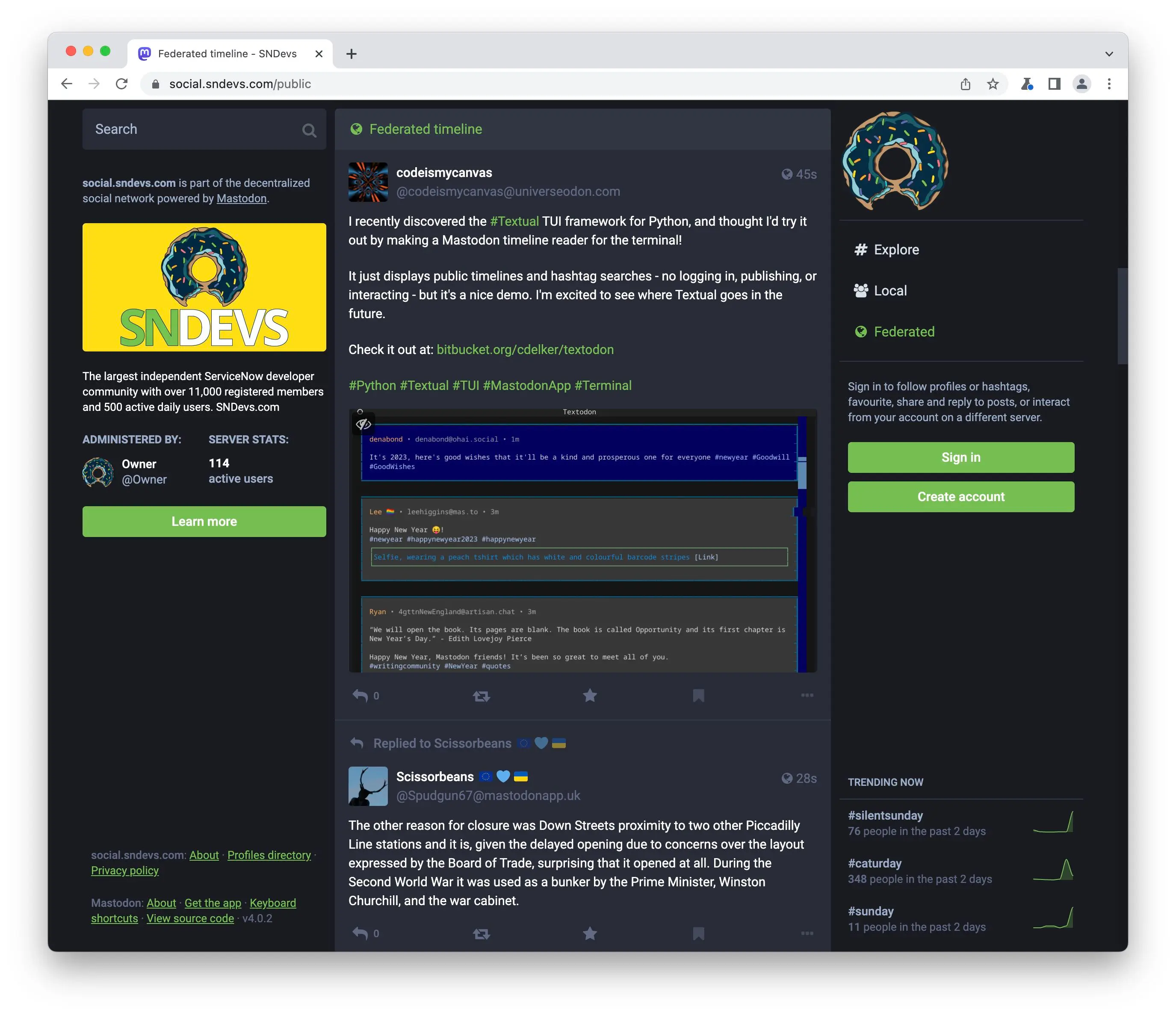 social.sndevs.com, the ServiceNow developer community's Mastodon instance, hosted by toot.io