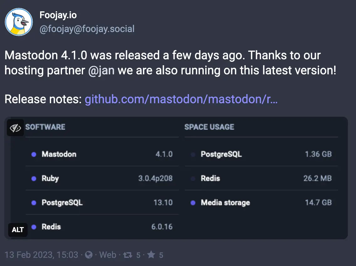 Toot by @foojay@foojay.social: Mastodon 4.1.0 was released a few days ago. Thanks to our hosting partner @jan we are also running on this latest version!