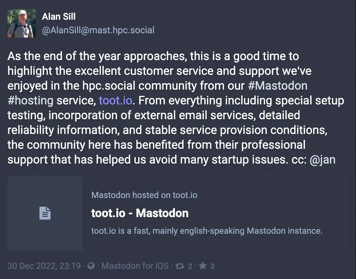 Mastodon customer HPC Social hosted by toot.io